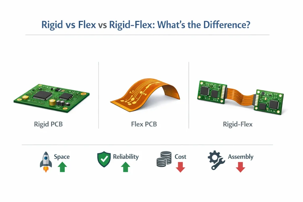 Visual comparison of rigid PCB, flexible PCB, and rigid-flex PCB structures and use cases.
