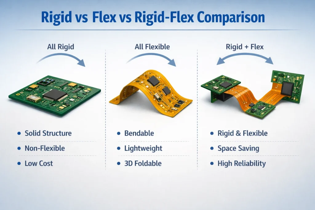 Comparison of rigid PCB, flex PCB, and rigid-flex PCB showing structure, bendability, pros/cons, and typical applications.