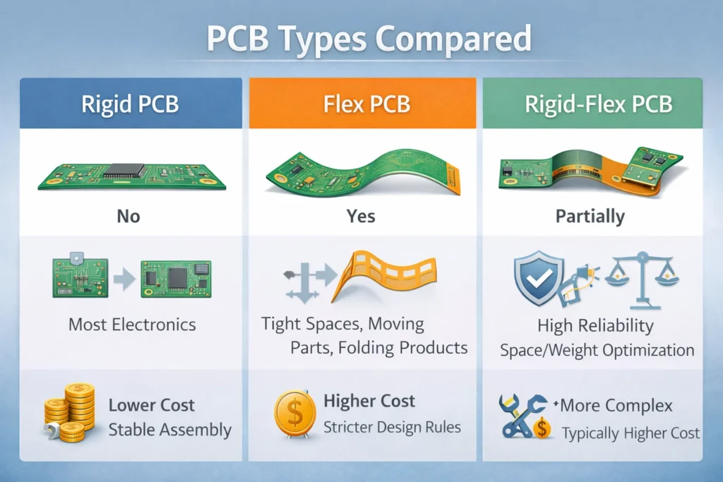 Comparison of rigid PCB, flex PCB, and rigid-flex PCB by bendability, use cases, and tradeoffs