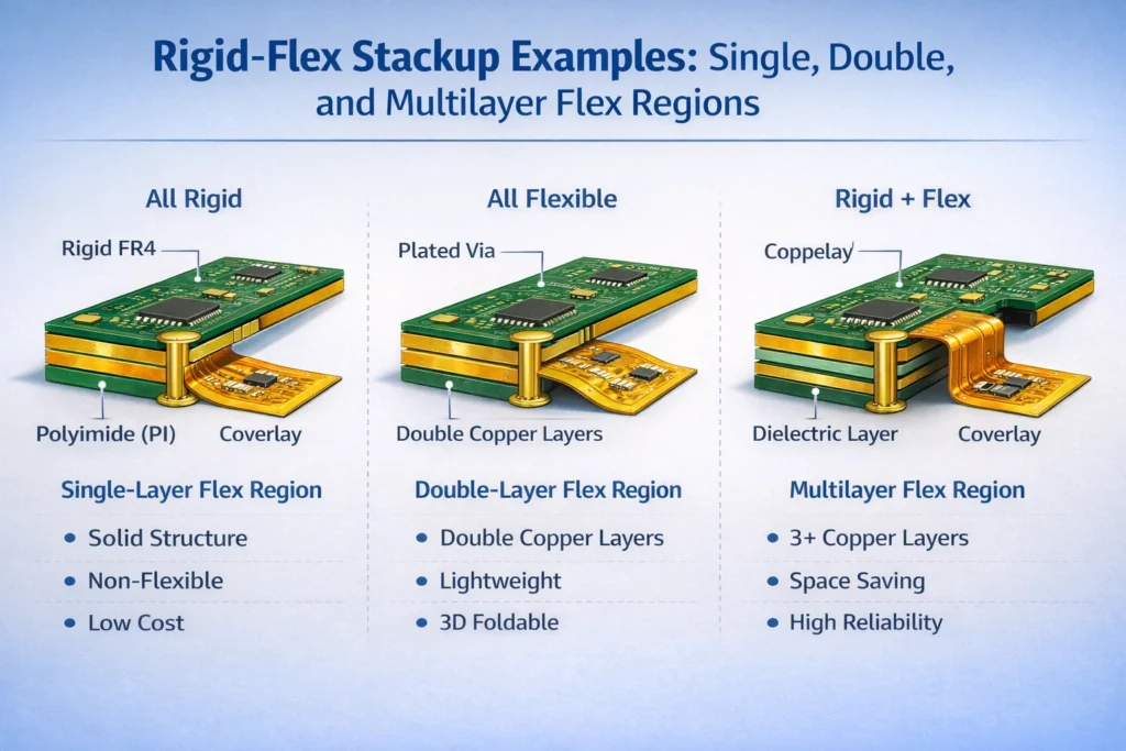 Cross-section diagrams of rigid-flex PCB stackups showing rigid FR4 zones, flexible PI zones, copper layers, vias, and bonding layers.