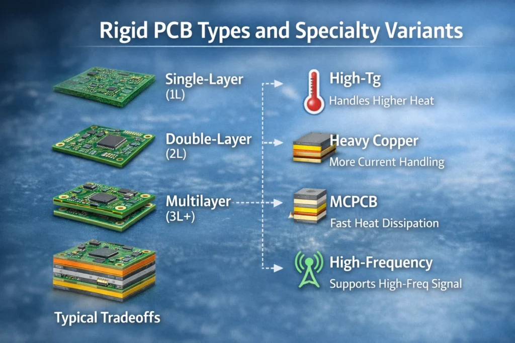 Diagram showing rigid PCB types by layer count and specialty variants like high-Tg, heavy copper, metal core, and high-frequency