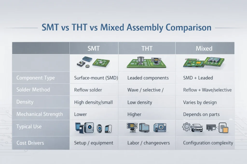 Comparison table of SMT, through-hole (THT), and mixed PCB assembly across density, strength, process steps, and typical applications.