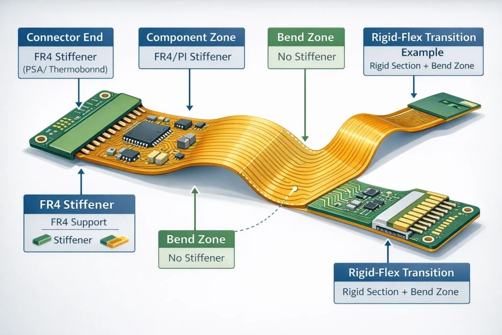 Diagram showing stiffener placement on a flexible PCB for connectors and component areas.