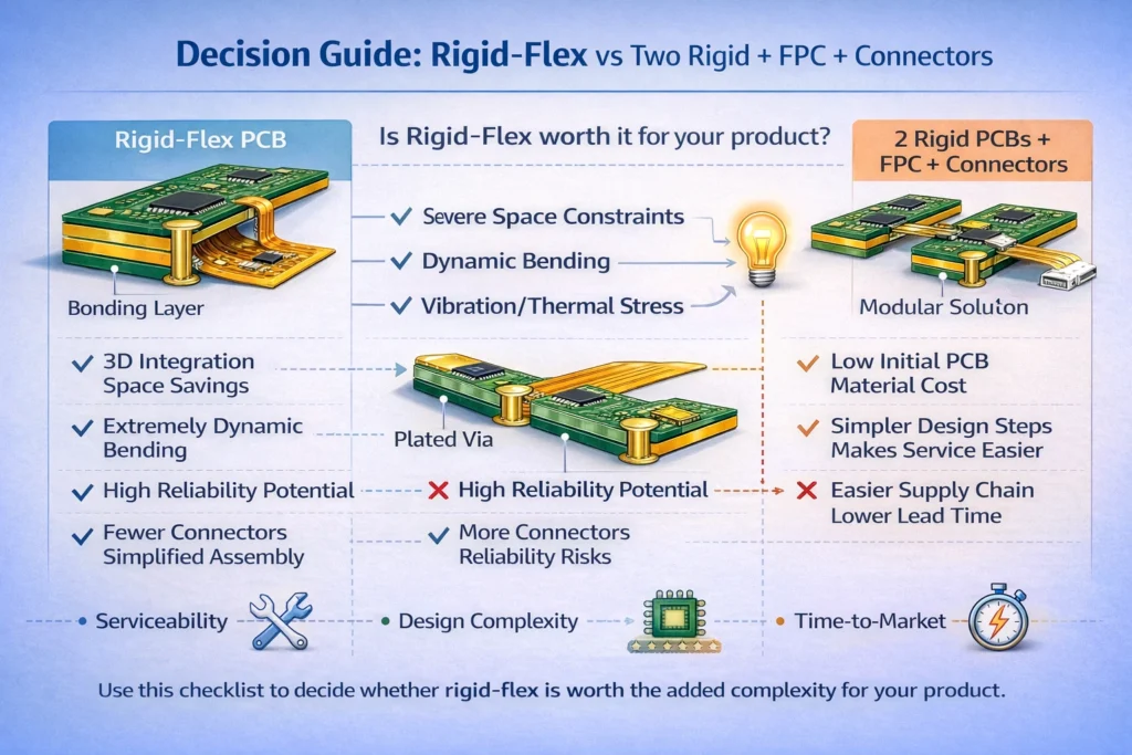 Decision guide showing when rigid-flex is recommended versus modular solutions based on space, reliability, bending, and assembly needs.