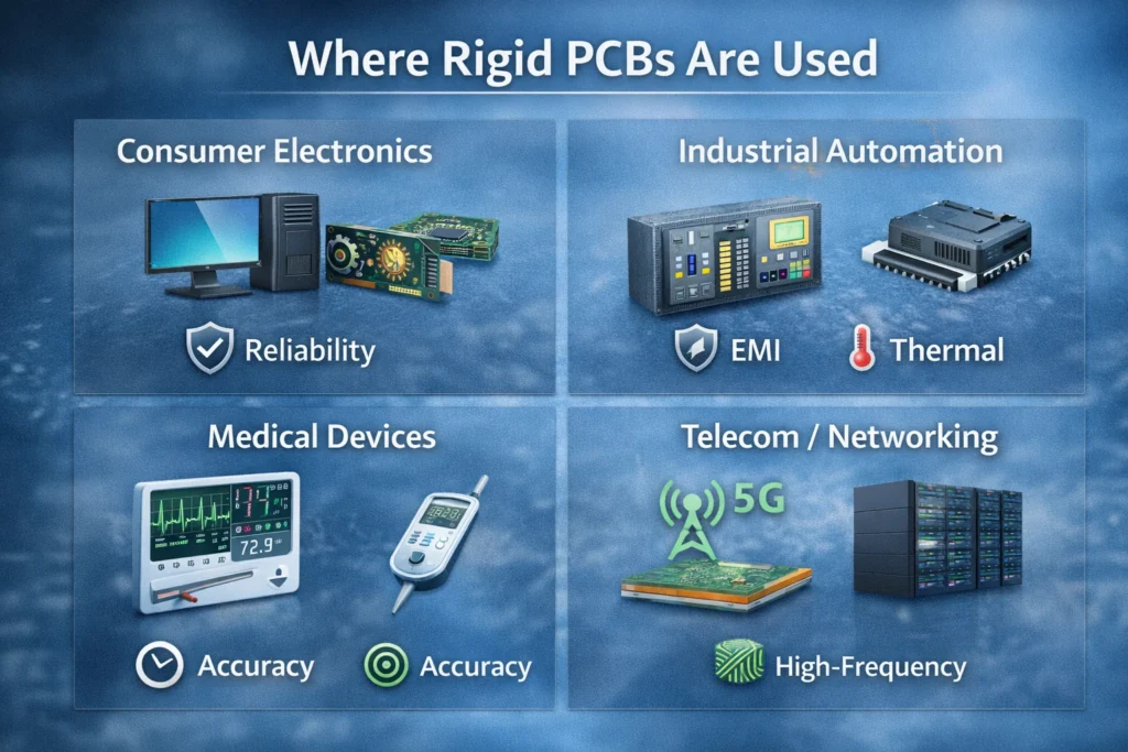 Rigid PCB application examples across consumer, industrial, automotive, medical, and telecom electronics