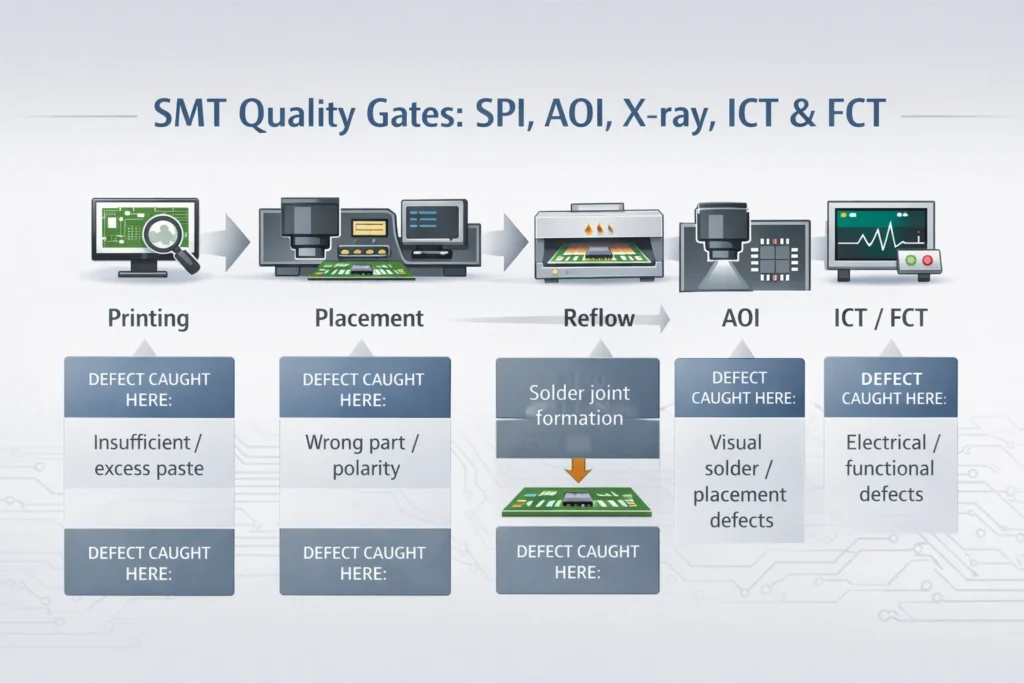 Diagram showing SMT process steps and which inspection or test gate catches which defect types.