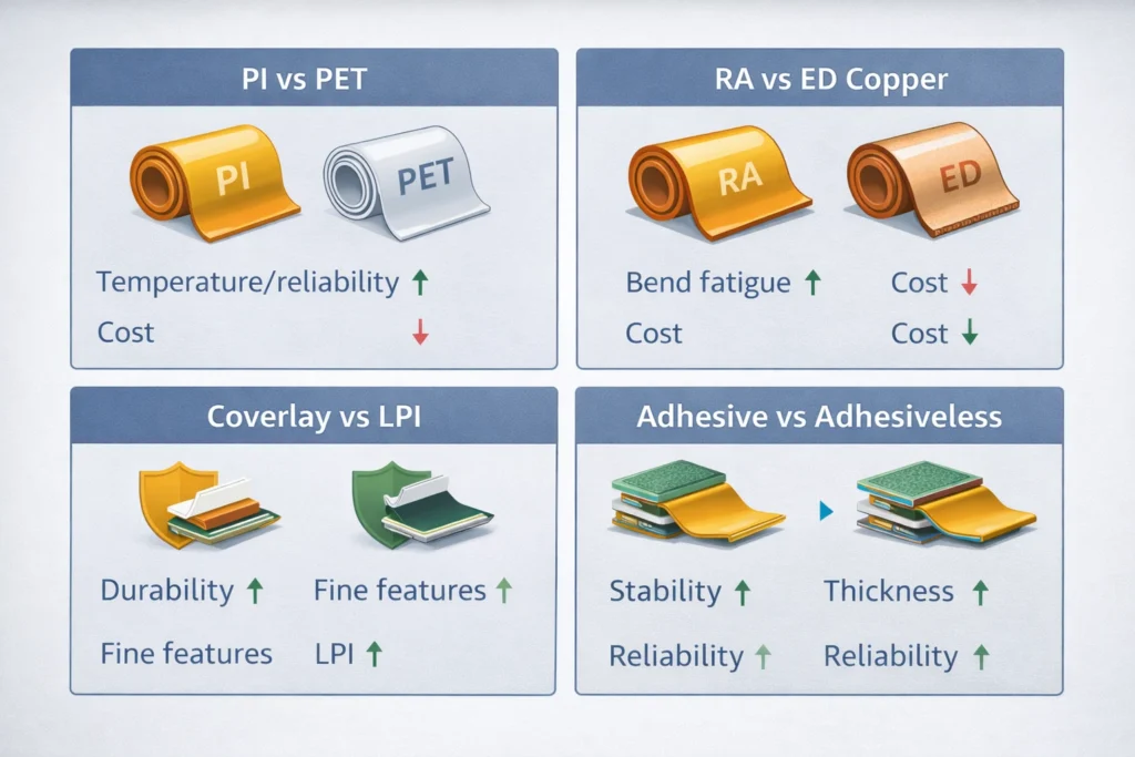 Comparison chart of key flex PCB material choices and their impact on reliability, thickness, and cost.