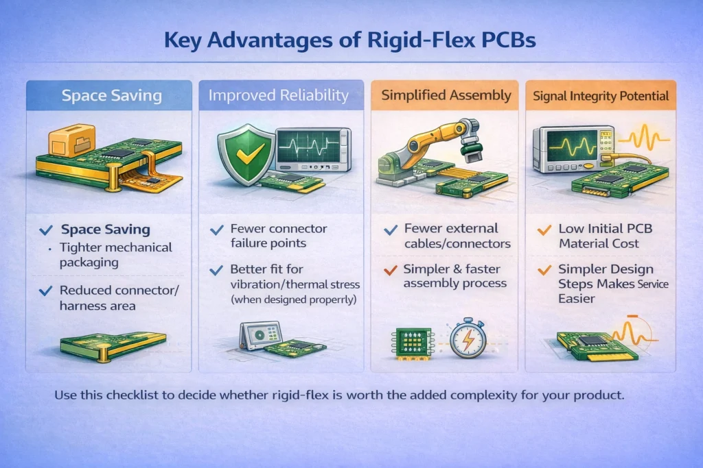 Infographic summarizing rigid-flex benefits: space saving, fewer interconnects, improved assembly, and signal integrity potential.