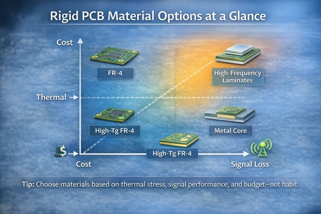 Comparison of FR-4, high-Tg FR-4, high-frequency laminates, and metal core materials by cost and performance