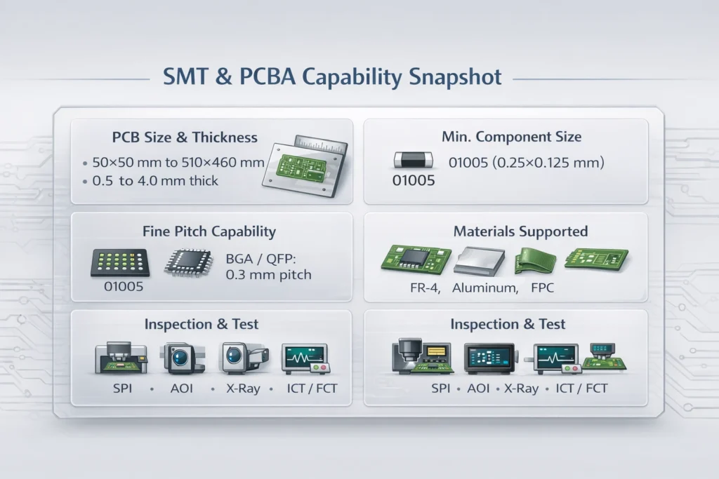 Capability summary showing PCB size range, minimum component size, BGA pitch capability, materials supported, and inspection/testing options.