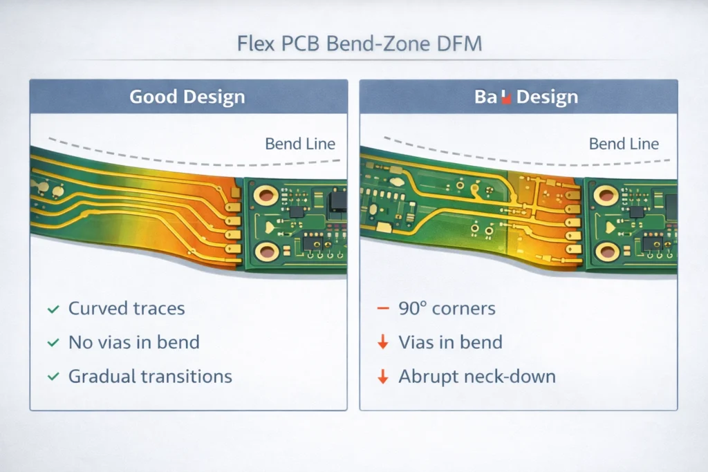 Do’s and don’ts for routing and features in flexible PCB bend areas.
