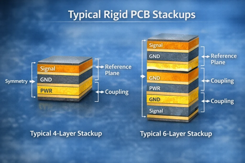 Cross-section diagram of 4-layer and 6-layer rigid PCB stackups showing signal, ground, and power planes