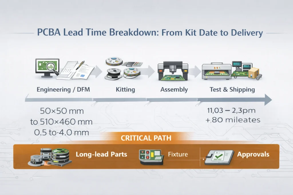 Timeline showing PCBA lead time stages including DFM, material kitting, SMT assembly, testing, and shipping with critical path drivers.
