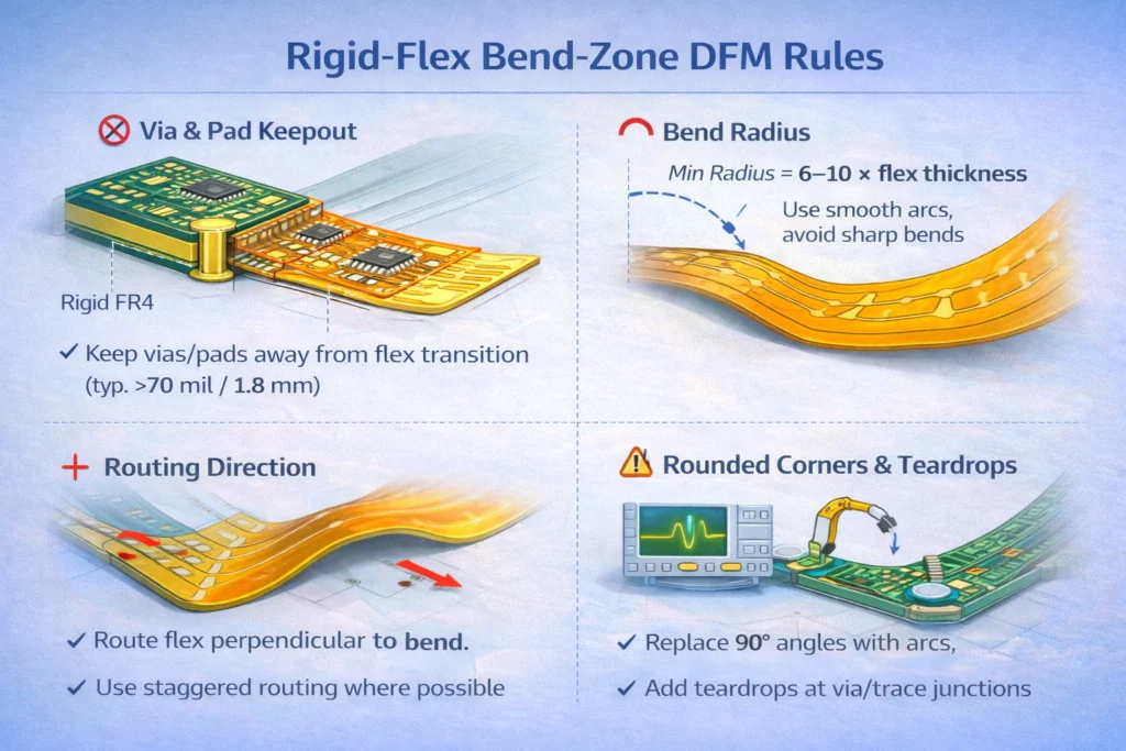Diagram showing rigid-flex bend-zone design rules including via keepout, transition clearance, recommended routing direction, bend radius guidance, and teardrops.