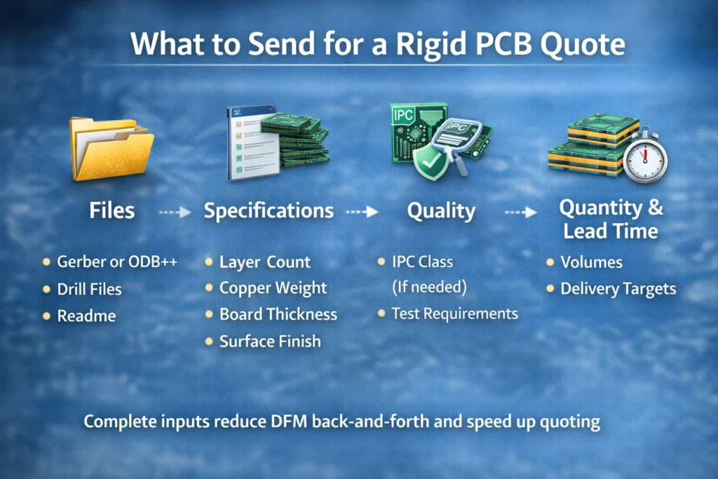 Infographic listing required files and specifications for an accurate rigid PCB quote