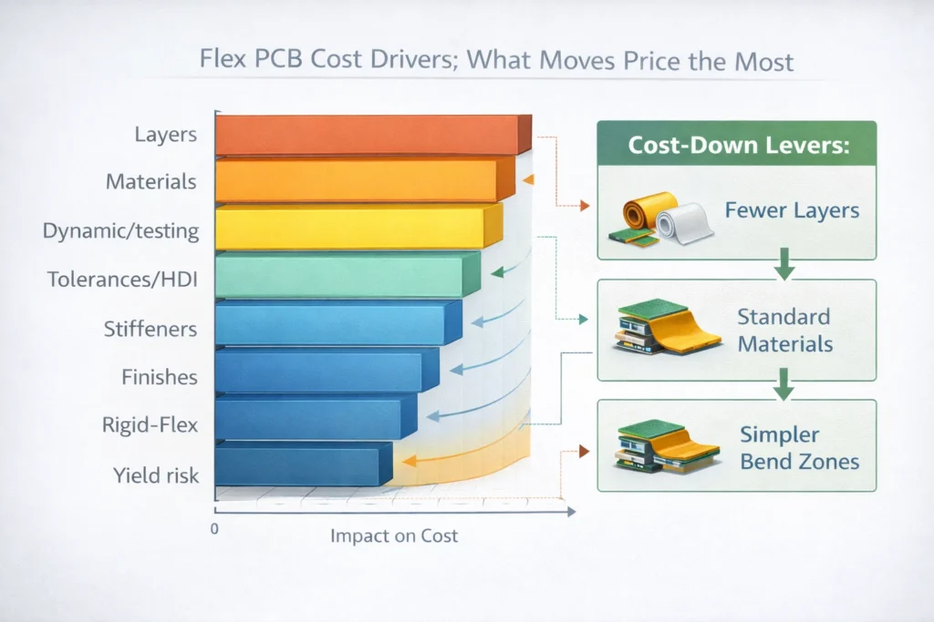 Chart showing the main factors that increase flexible PCB cost and how to reduce cost.