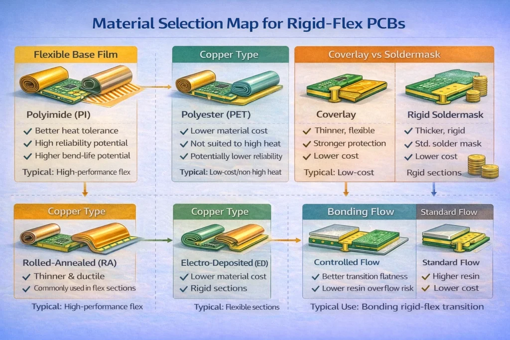 Material map comparing PI vs PET base films, RA vs ED copper, coverlay vs solder mask, and bonding materials for rigid-flex PCBs.