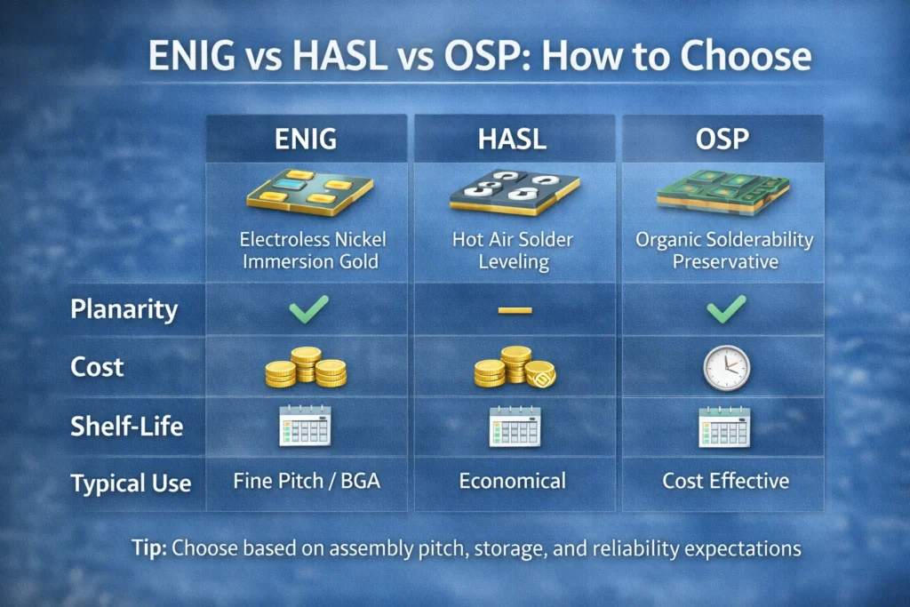 Comparison chart of ENIG, HASL, and OSP surface finishes by cost, planarity, shelf life, and use cases