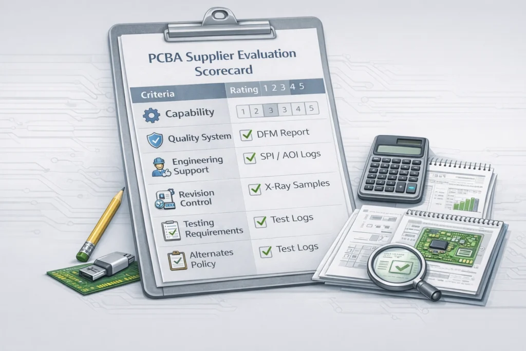 Scorecard for evaluating PCB assembly suppliers across capability, quality system, engineering support, and international execution.