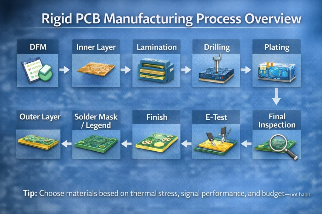 Flowchart showing rigid PCB manufacturing steps from DFM review to electrical test and final inspection