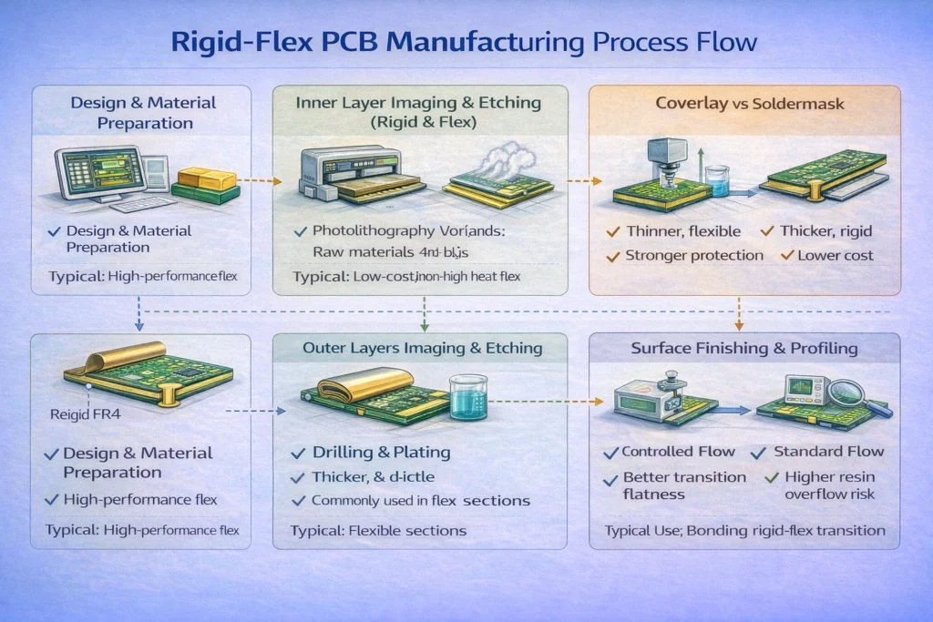 Flowchart of rigid-flex PCB manufacturing steps including inner layers, coverlay opening, lamination, drilling, plating, imaging, surface finish, profiling, and testing.