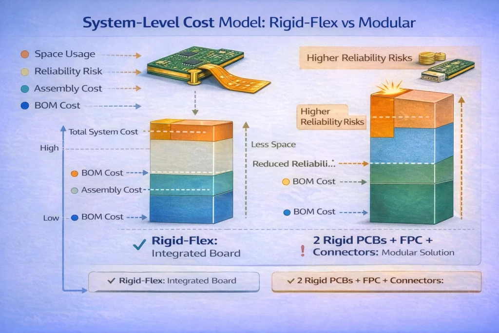Chart comparing rigid-flex and modular architecture across BOM cost, assembly labor, reliability risk, space usage, and serviceability.