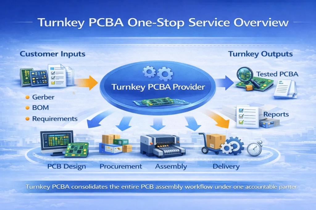 Diagram showing how a turnkey PCBA provider manages design review, sourcing, PCB fabrication, assembly, testing, and delivery as a one-stop service