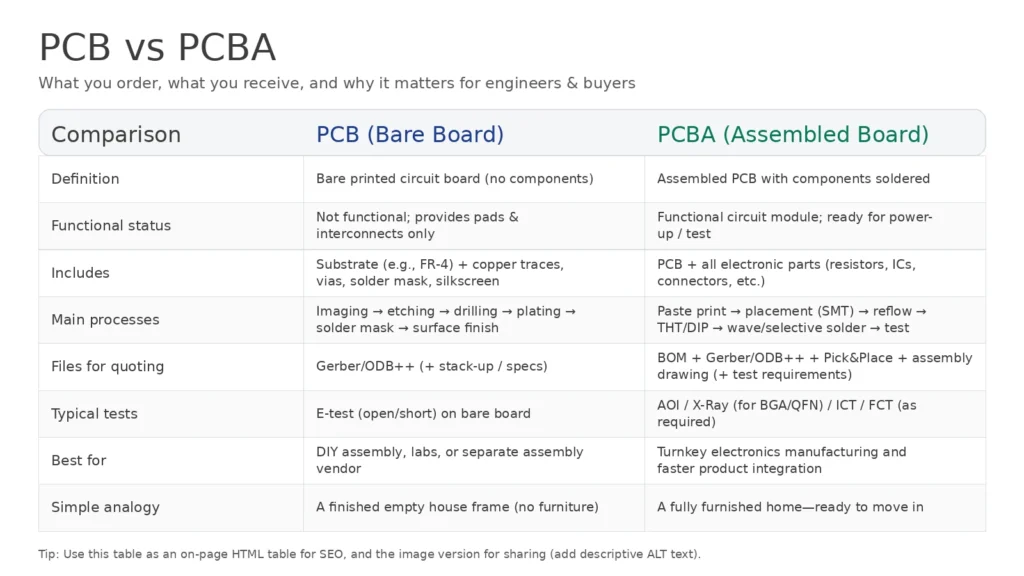 PCB vs PCBA comparison showing definition, functional status, processes, files required, and typical tests