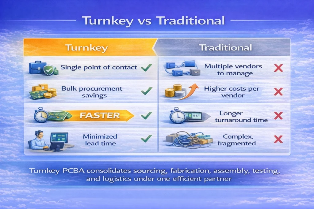 Comparison table infographic of turnkey PCBA versus traditional PCB assembly across communication, supply chain, cost, quality, and design coordination