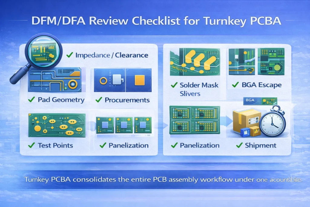 DFM and DFA checklist illustrating common design risks checked before PCB assembly