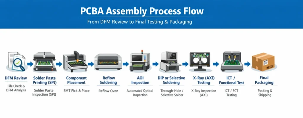 PCBA assembly process flowchart from DFM review to SMT, AOI/X-Ray inspection, ICT/FCT testing, and packaging