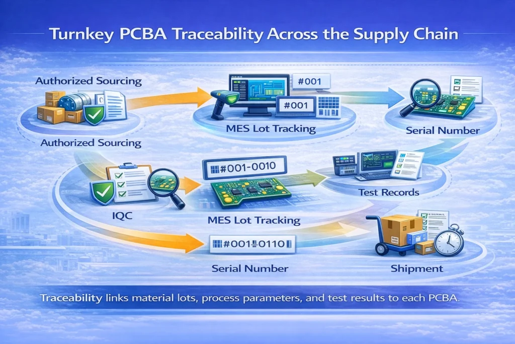 Traceability diagram showing component lots tracked through IQC, MES production records, testing results, and final shipment
