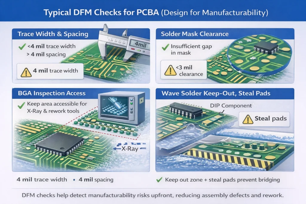 DFM check examples for PCBA including solder mask clearance, component spacing, BGA inspection access, and wave solder keep-out rules