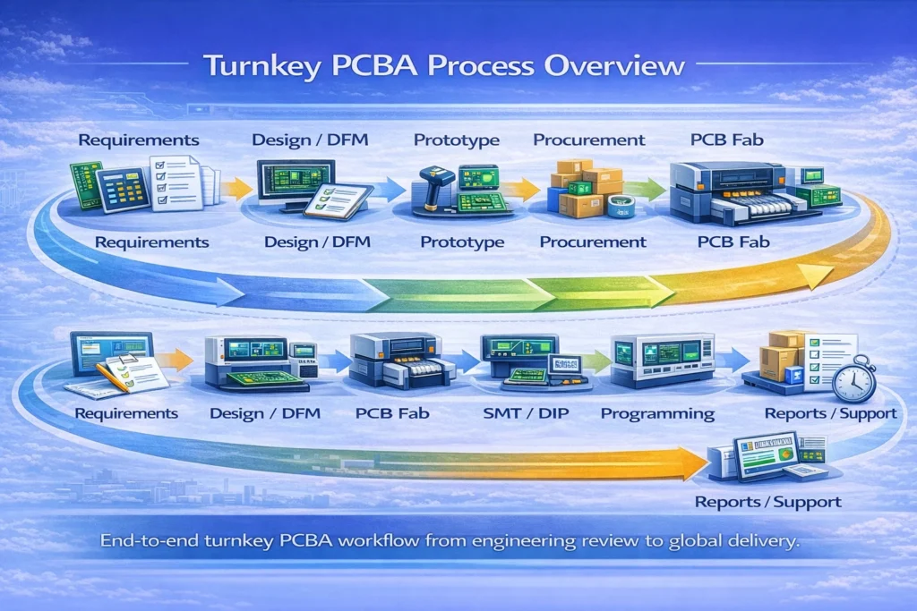 Turnkey PCBA process overview from requirements and DFM review through assembly, testing, and delivery
