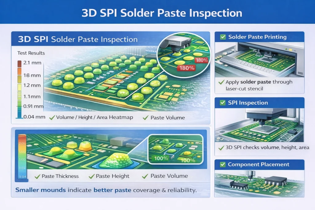 3D solder paste inspection example showing paste volume and height measurement for SMT printing quality control