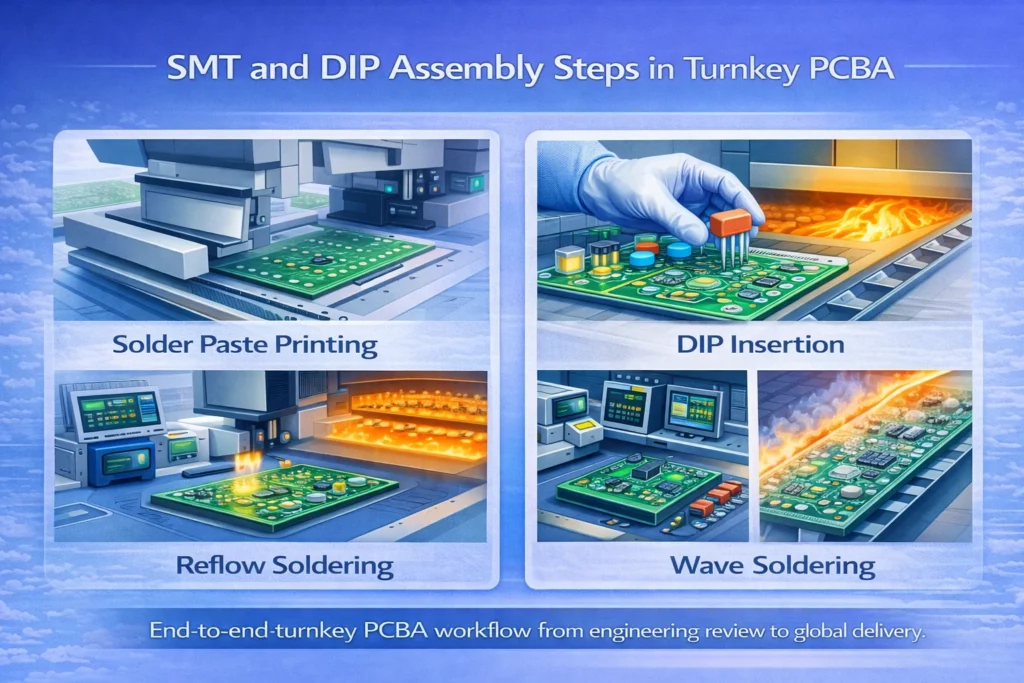 Illustration showing solder paste printing, pick-and-place, reflow soldering, DIP insertion, and wave soldering in PCB assembly