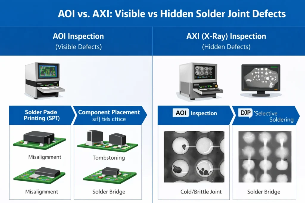 Comparison of AOI and X-Ray inspection for PCBA showing visible defects vs hidden solder joint defects under BGA/QFN