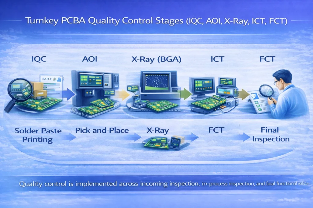 Flowchart of turnkey PCBA quality control stages including IQC, AOI, X-ray inspection for BGAs, and final functional testing