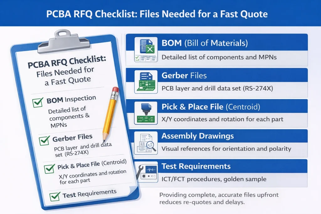 PCBA RFQ checklist showing required files: BOM, Gerbers, Pick and Place, assembly drawings, and test requirements