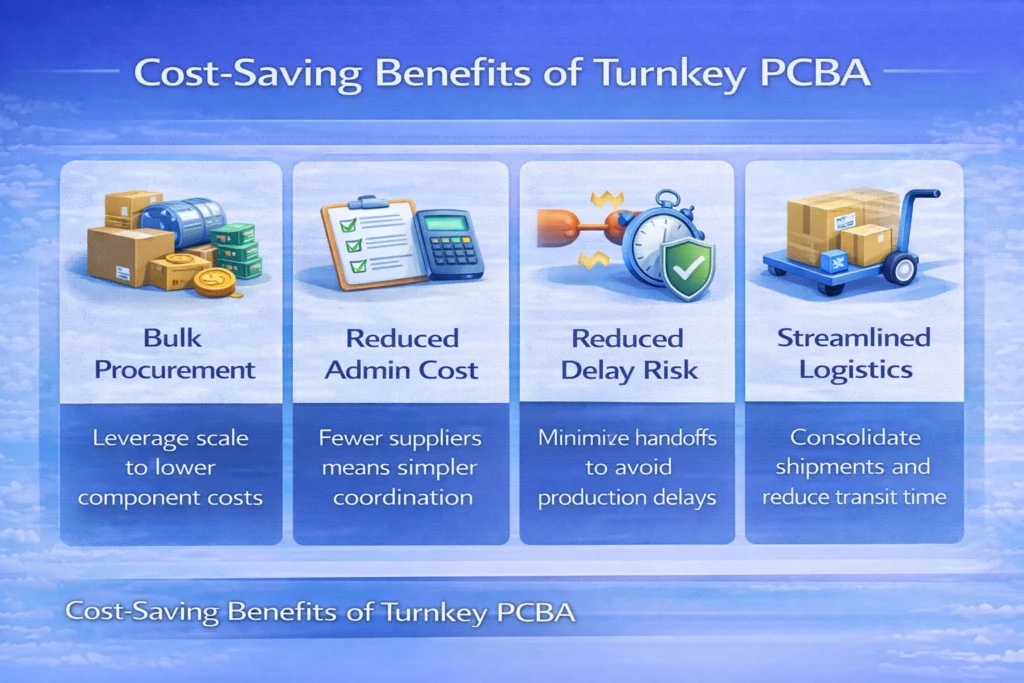Infographic showing turnkey PCBA cost savings from bulk procurement, fewer vendors, reduced delays, and streamlined logistics