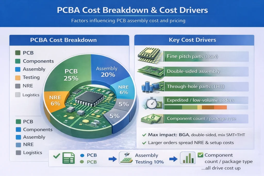 PCBA cost breakdown chart showing PCB, components, assembly, testing, NRE, and logistics with major cost drivers