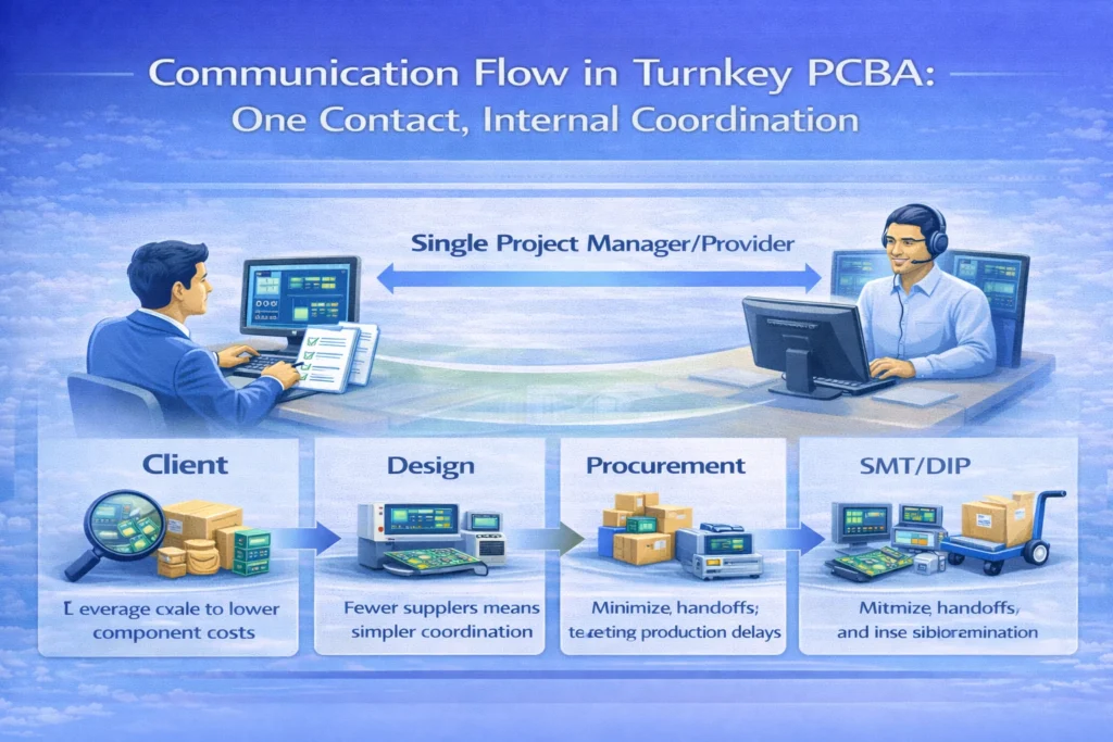Diagram showing the client communicating with one turnkey PCBA provider while the provider coordinates design, procurement, assembly, and testing internally