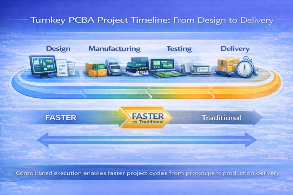Timeline showing turnkey PCBA stages—design, manufacturing, testing, delivery—highlighting faster execution than traditional multi-vendor models