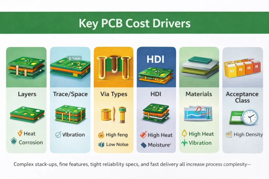 Infographic showing key PCB cost drivers including layer count, trace/space, via types, HDI processes, material choice, surface finish, and IPC acceptance class