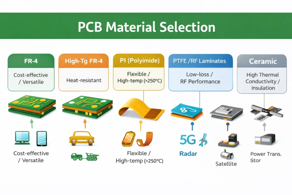 PCB material selection diagram comparing FR-4, high-Tg FR-4, polyimide, PTFE/RF laminates, metal core, and ceramic substrates