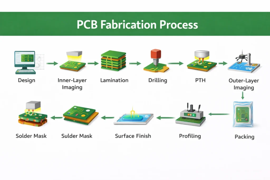 Flowchart of PCB manufacturing steps from design and imaging to lamination, drilling, plating, solder mask, surface finish, and final electrical test