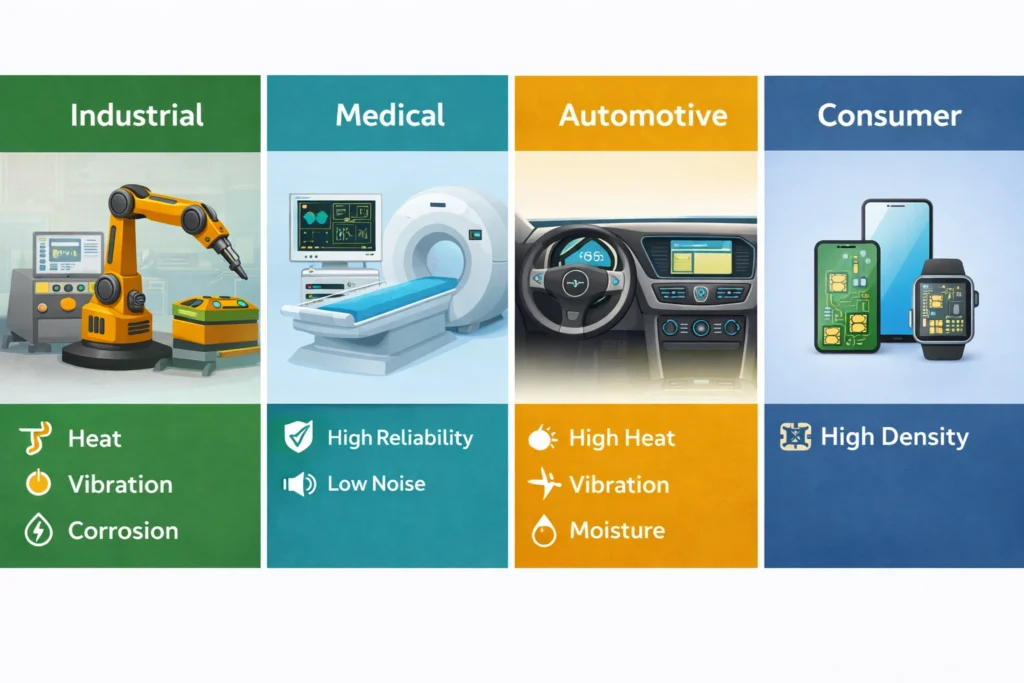 Four-panel image showing PCB applications in industrial control, medical devices, automotive electronics, and consumer electronics