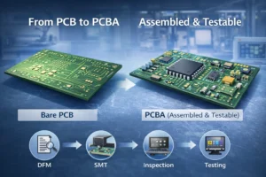 Side-by-side view of a bare PCB and a finished PCBA with components, showing the transition through assembly, inspection, and functional testing.