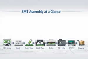 Infographic showing the SMT assembly flow from DFM review to reflow soldering, inspection, and functional testing.