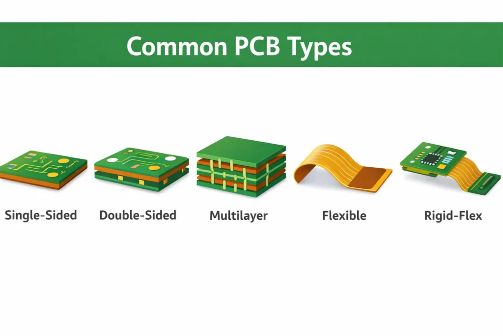 Comparison chart illustrating single-sided, double-sided, multilayer, flexible, and rigid-flex PCB structures